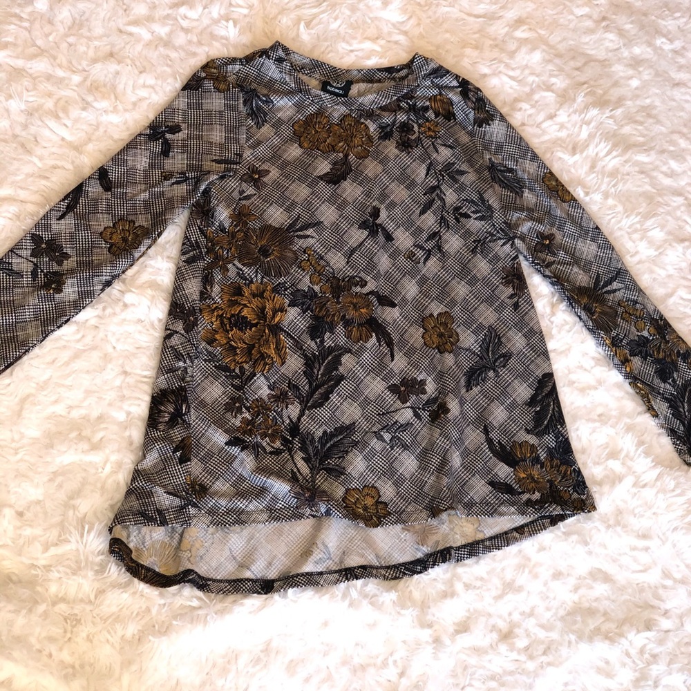 Mustard and Black Floral Long Sleeve w/ Round Neck